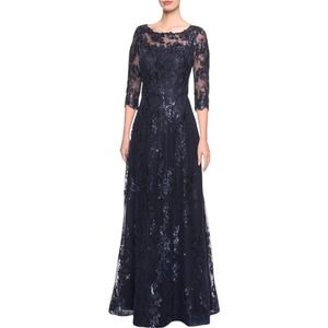 La Femme Navy Bateau Neck Shimmering Sequin Lace Floor Length A-Line Gown